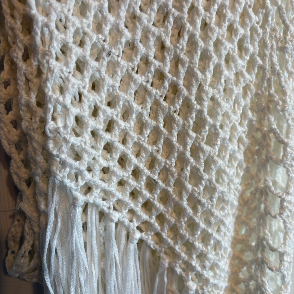 BOHO Cool White Intricate Crochet Knit Fringe Hem Festival Beach Summer Cover Up - Picture 7 of 7